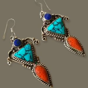 Southwestern Boho Tribal Lapis Turquoise and Coral Hand Crafted Earrings